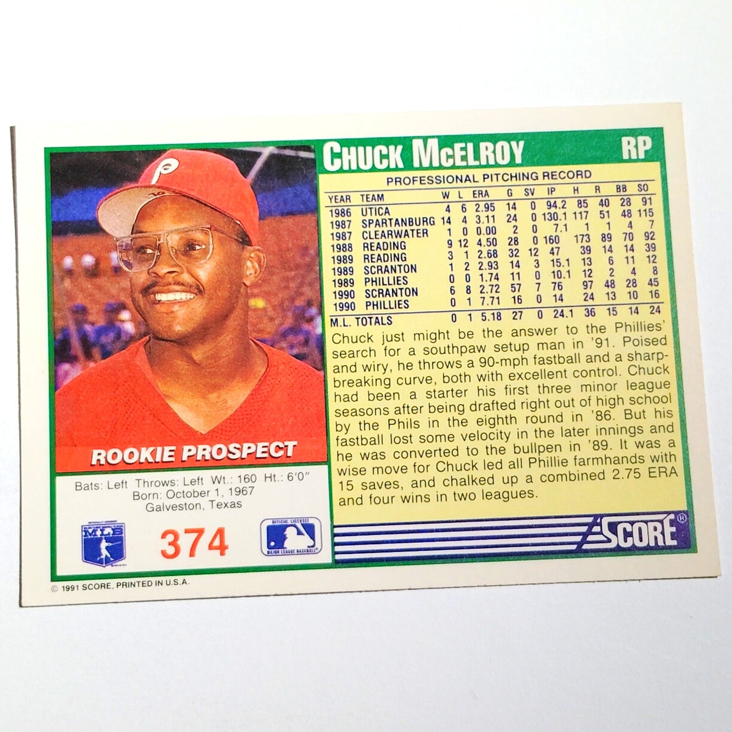 1991 Score Chuck McElroy #374 Philadelphia Phillies Pitcher Rookie Prospect Card NM