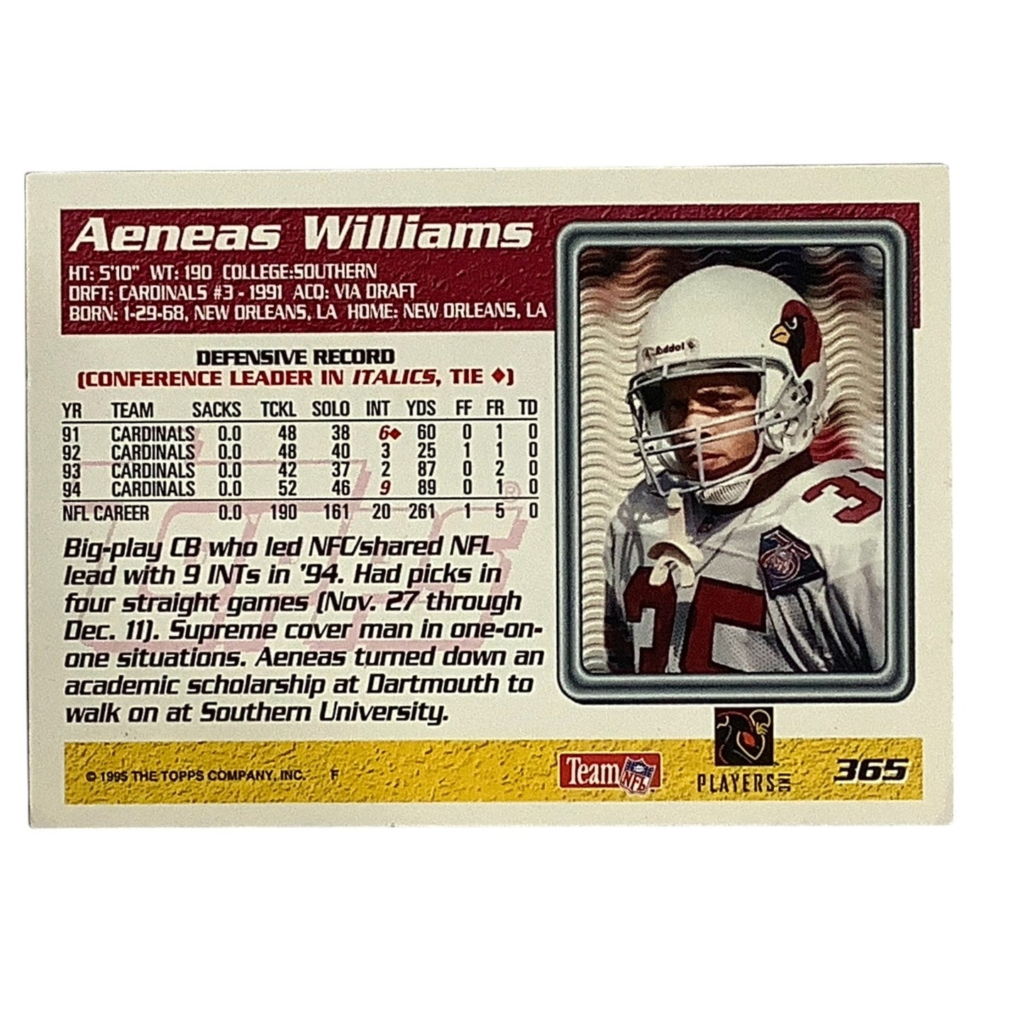 Aeneas Williams, Arizona Cardinals, NFL Topps 1995 Card 365, EXC