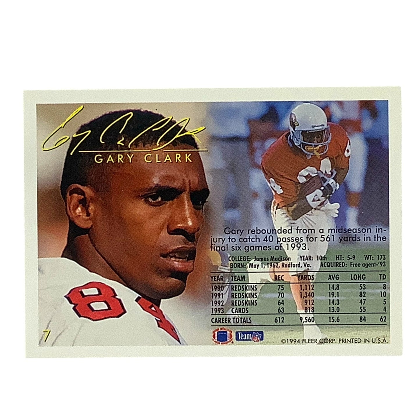 Gary Clark, Arizona Cardinals, NFL Fleer 1994 Card 7, EX/NM