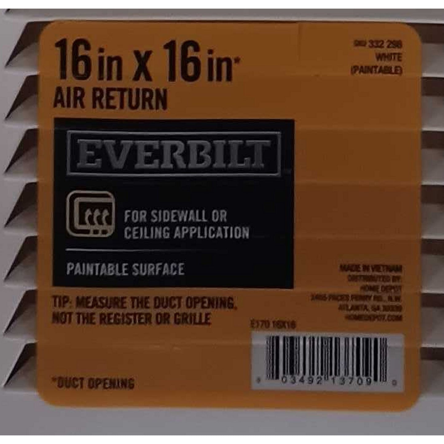 Everbilt 16" x 16" Steel Air Return Grille, White (OD 17.75" x 17.75") Free Ship