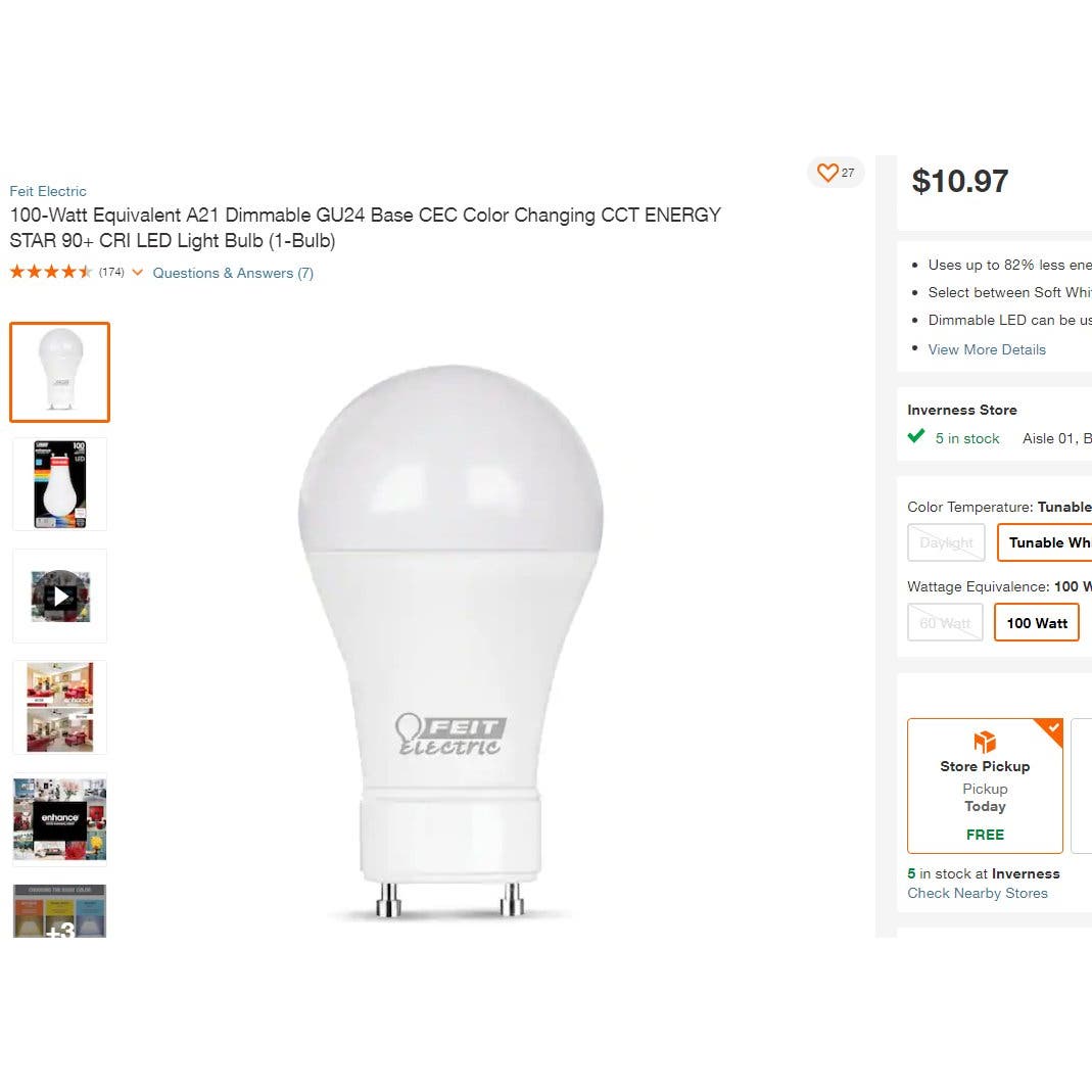 2 Bulbs, 17.7W/100W, A21 Dimmable GU24 Base CEC CCT ENERGY STAR 90+ CRI LED