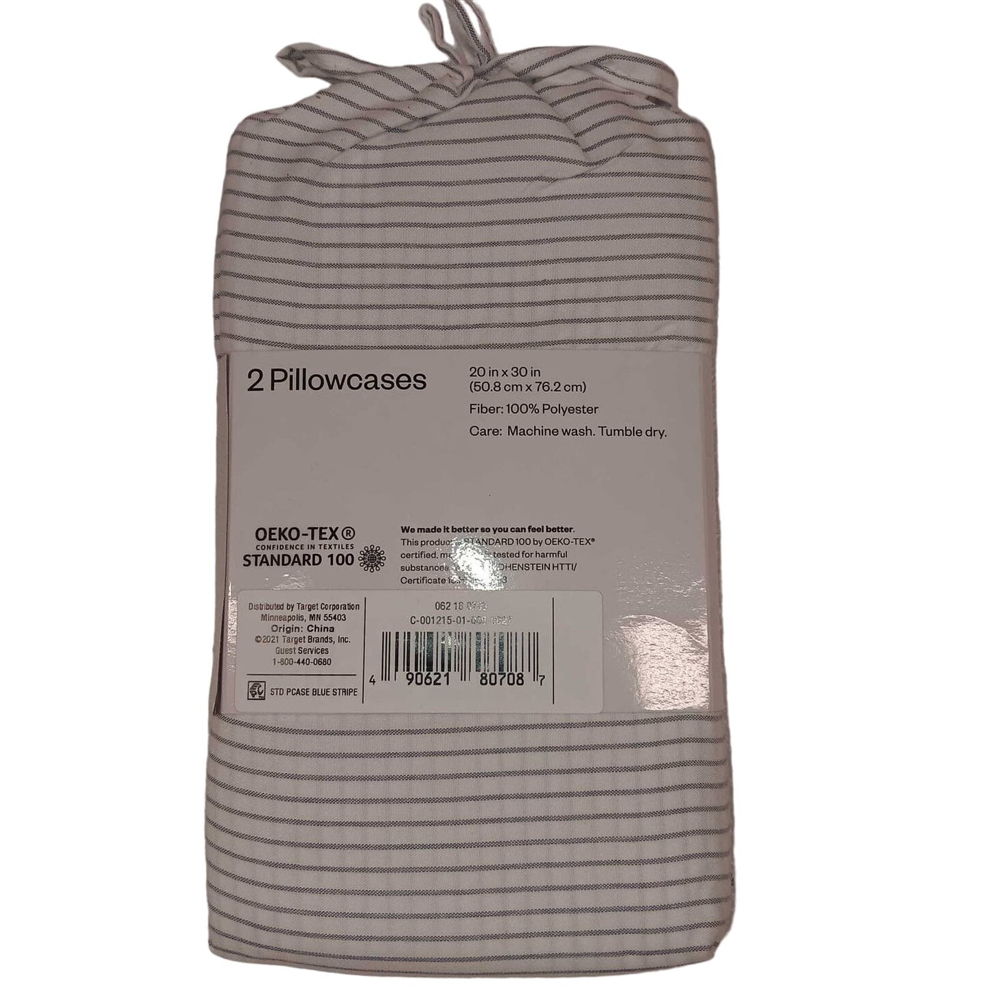 Set Of 2 Standard (30 x 20 in.) Microfiber Pillowcases White with Blue Pinstripe