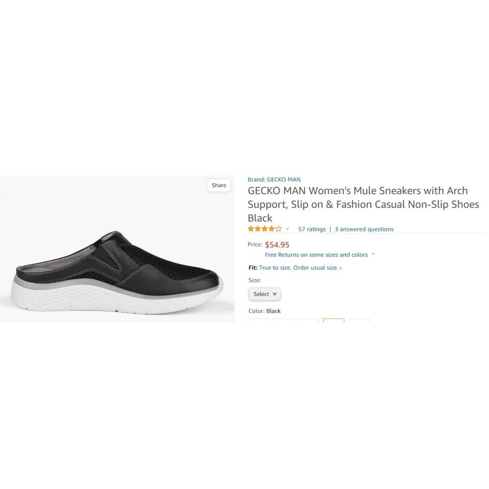 GECKO MAN, Walk-Hero, Size 5, Women's Slip-On Mule Sneakers w/ Arch Support