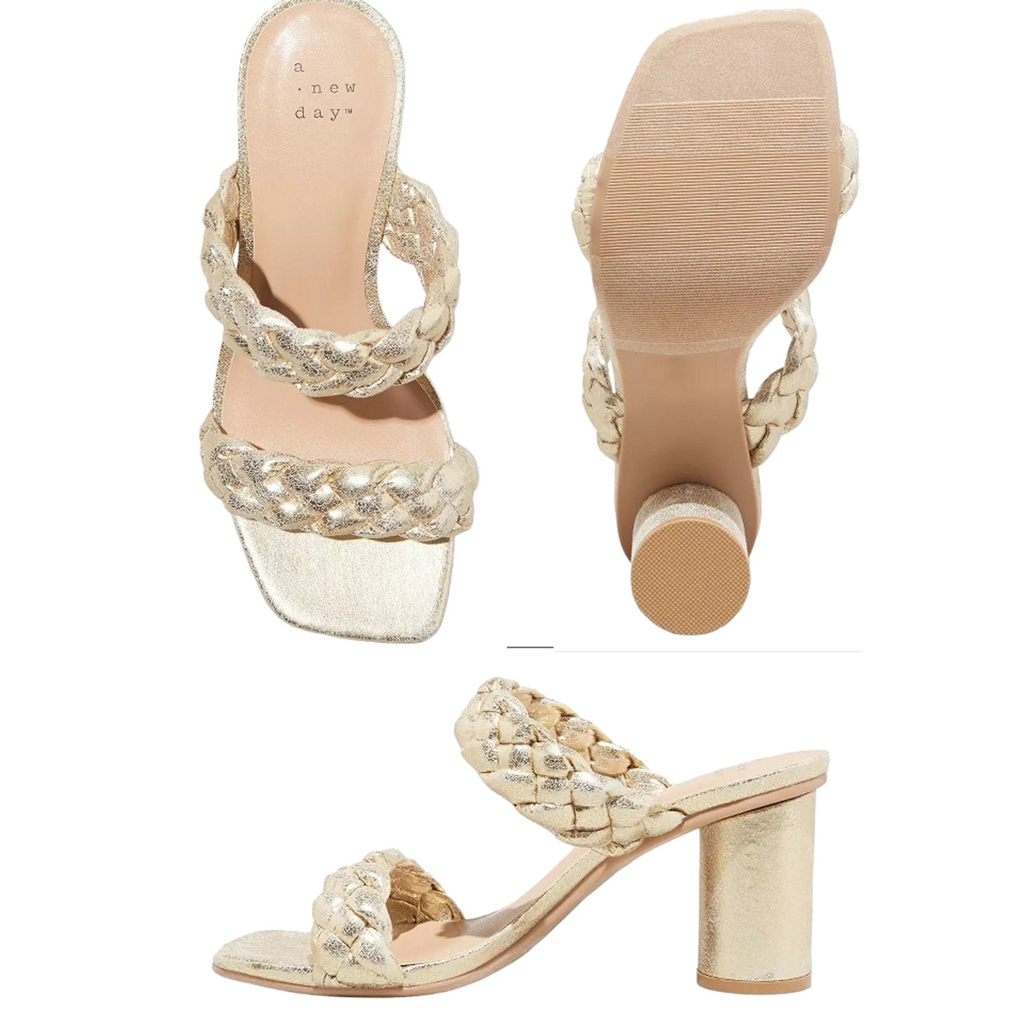 Basil Gold Braided Open Toe Cushioned Sandal Heels Size 7 by A NEW DAY