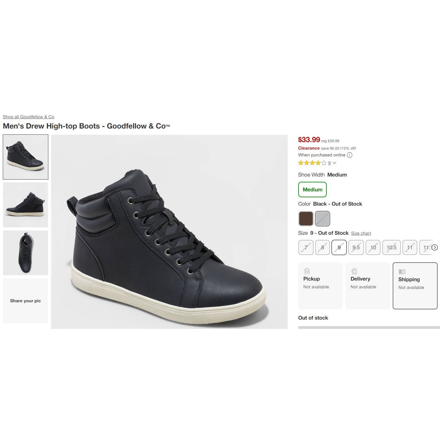 Men's Drew High-top Sneaker Boots - Goodfellow & Co Black, Sz 9