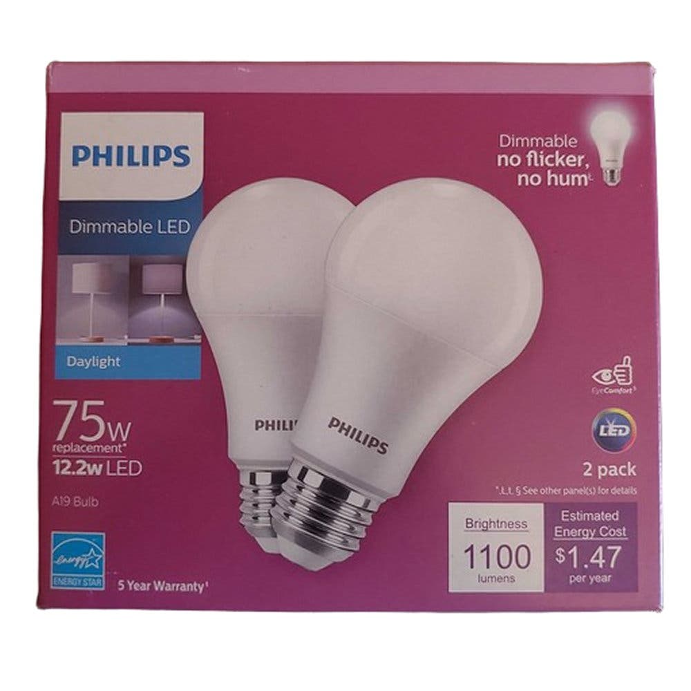 (8 PK) Philips 12.2W 75W A19 Dimmable LED Light Bulb Daylight (5000K) (8-Pack)