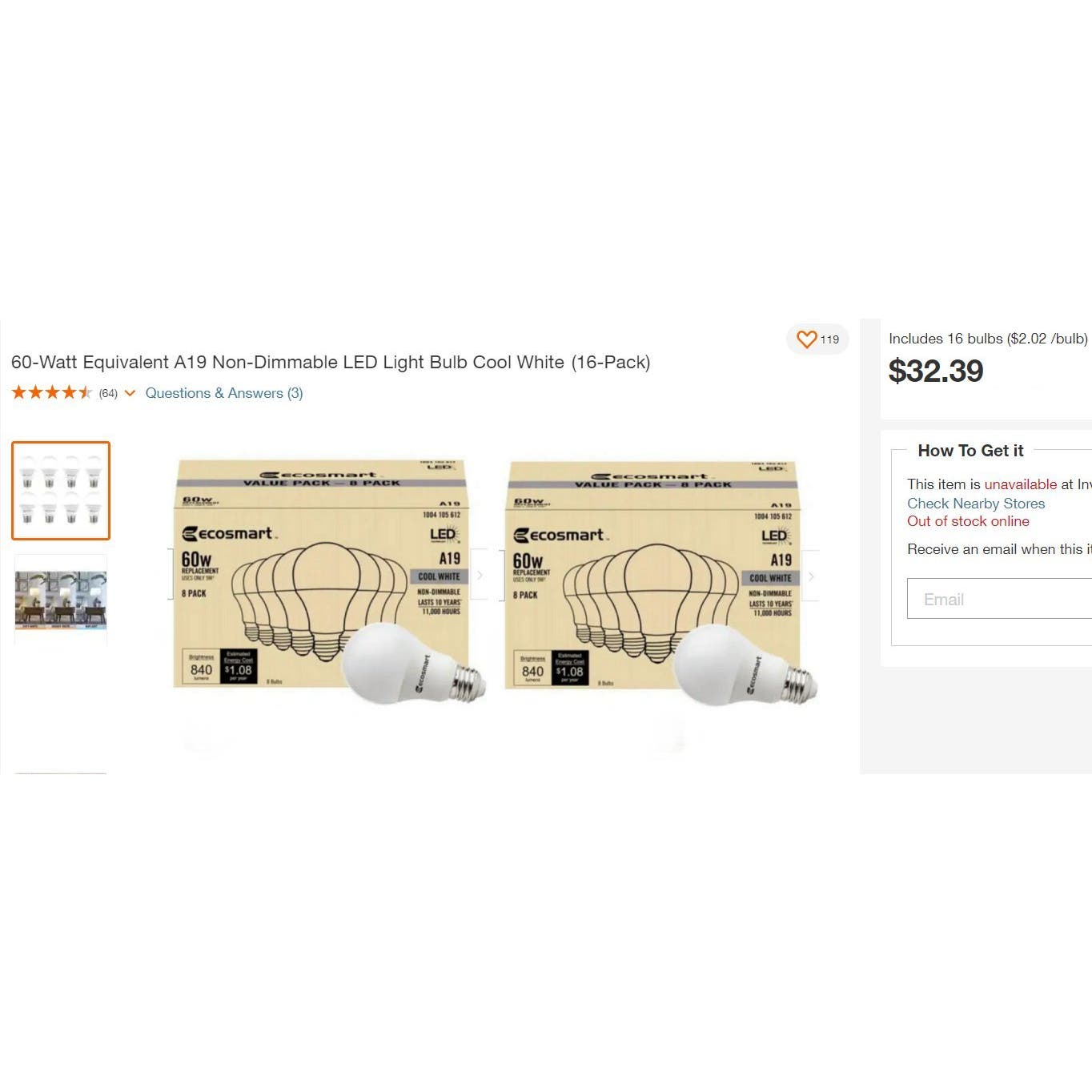 (16 PK) EcoSmart 9W 60W Equivalent Cool White A19 Non-Dimmable LED Light Bulbs