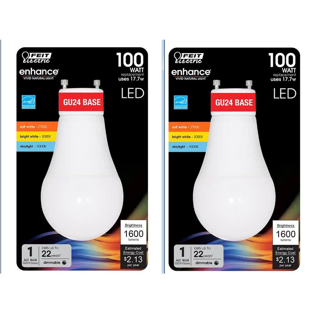 2 Bulbs, 17.7W/100W, A21 Dimmable GU24 Base CEC CCT ENERGY STAR 90+ CRI LED