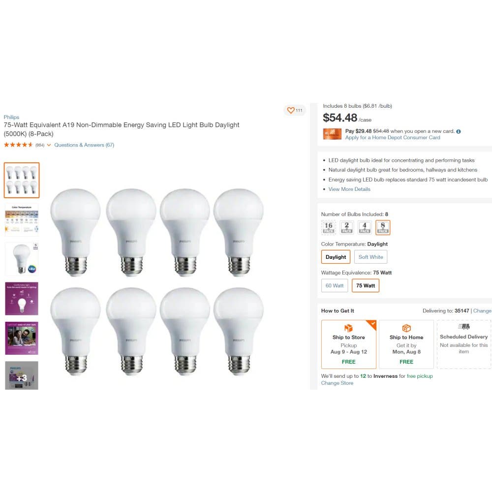 (8 PK) Philips 12.2W 75W A19 Dimmable LED Light Bulb Daylight (5000K) (8-Pack)