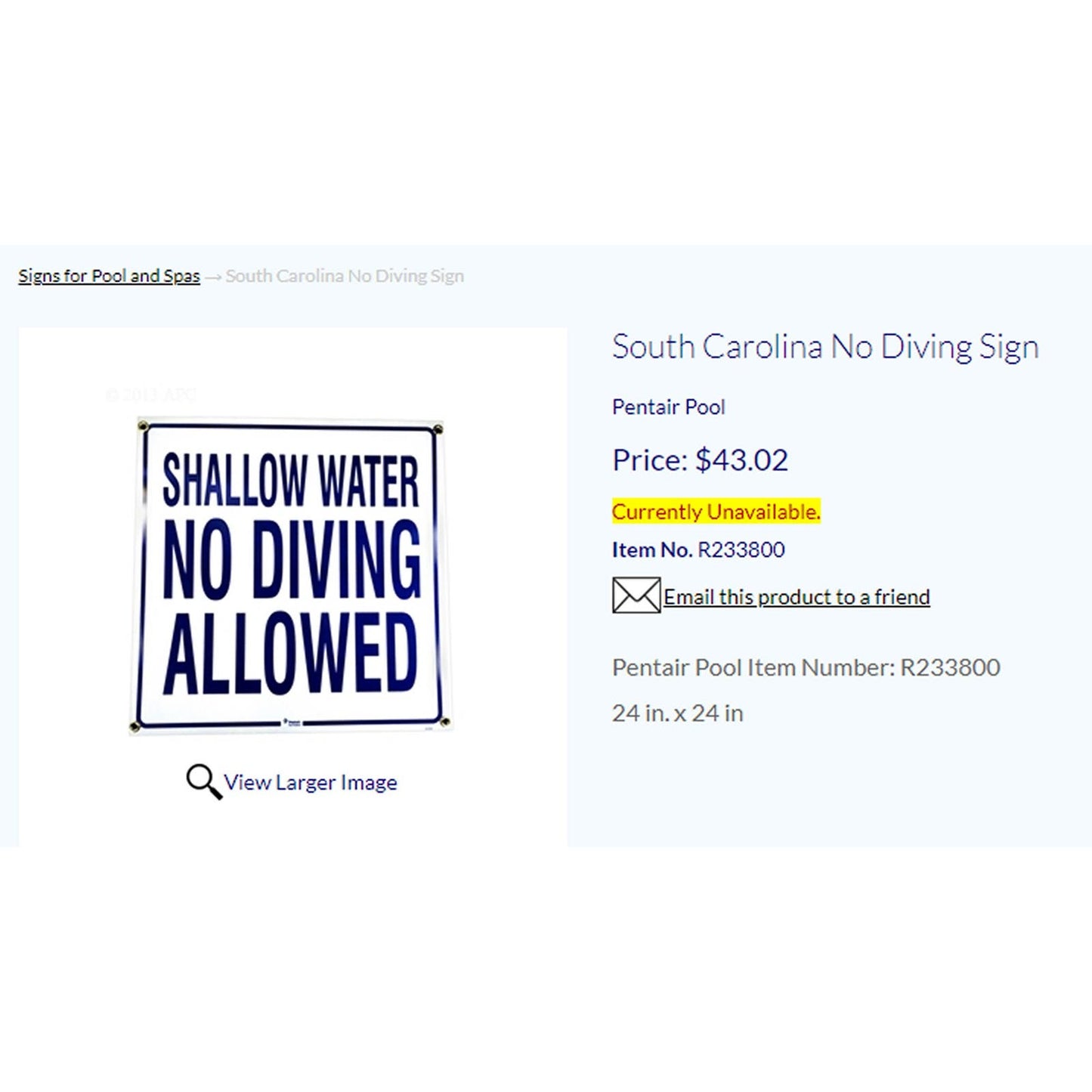 2 x 24"L x 24"W PVC Swim Safety Signage: "SHALLOW WATER NO DIVING ALLOWED"
