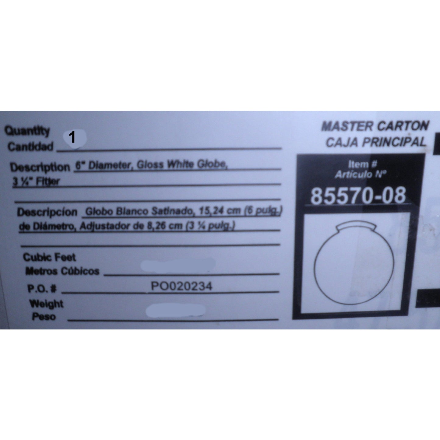 Westinghouse #85570-08 6 in. Handblown Gloss White Globe with 3-1/4 in. Fitter