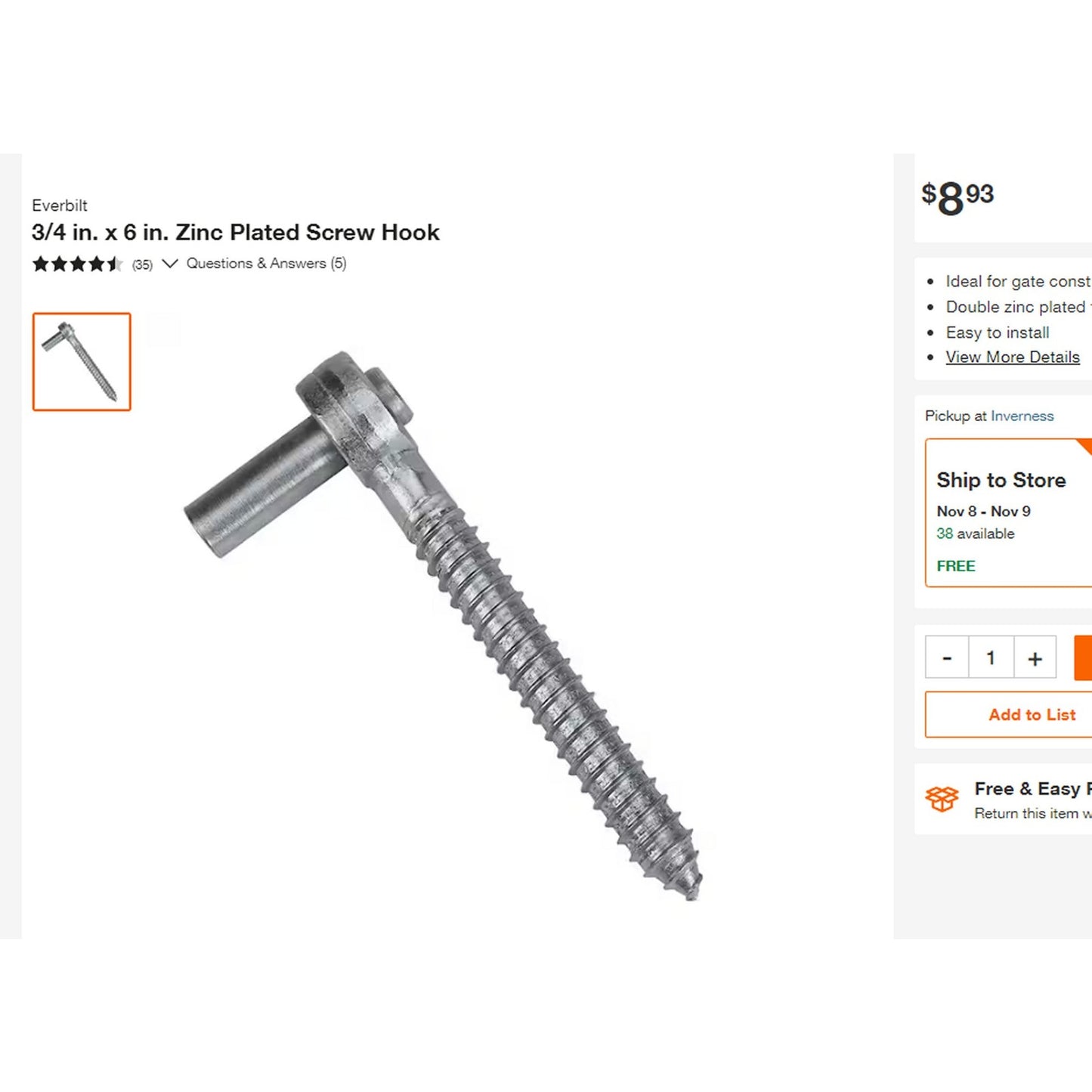 1 Pair, Everbilt 3/4 in. x 6 in. Double Coasted Zinc Plated Screw Hooks