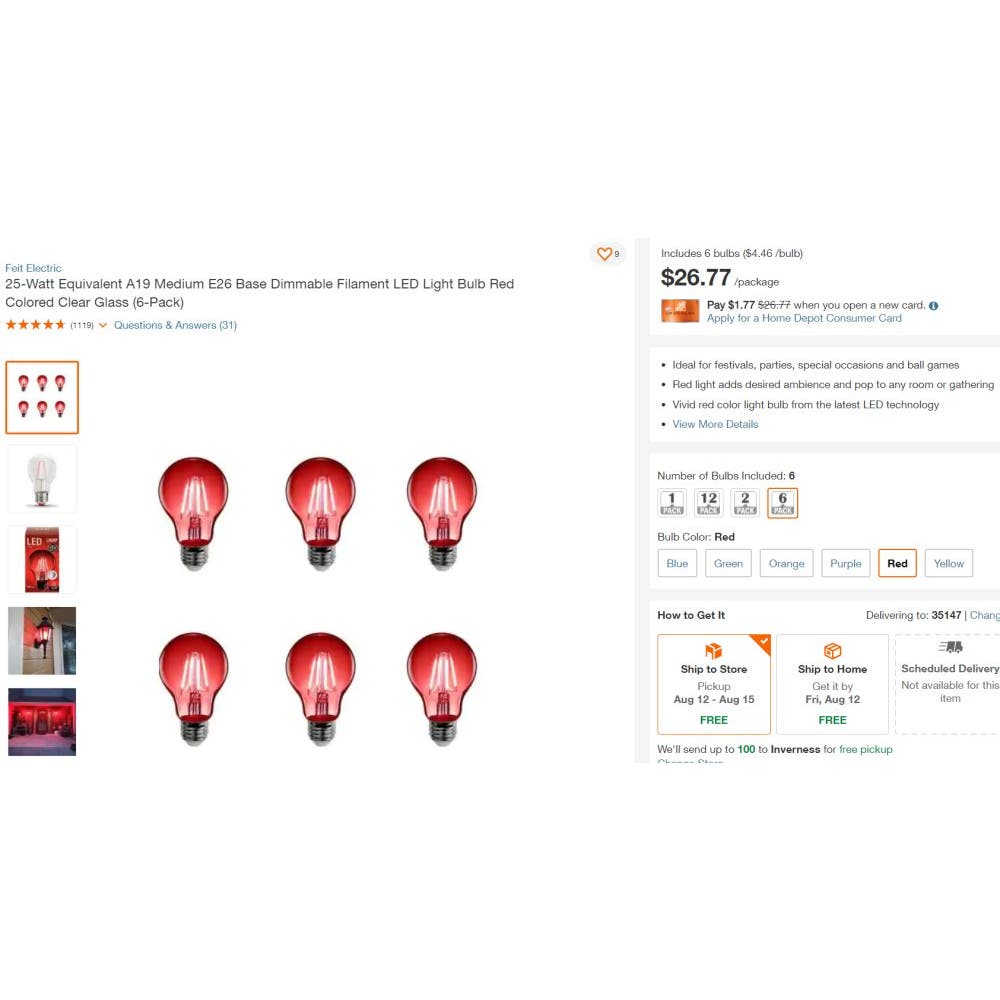 (6 Pk) 4.5W 25W A19 Medium E26 Base Dimmable Filament LED Light Bulb Red Clear