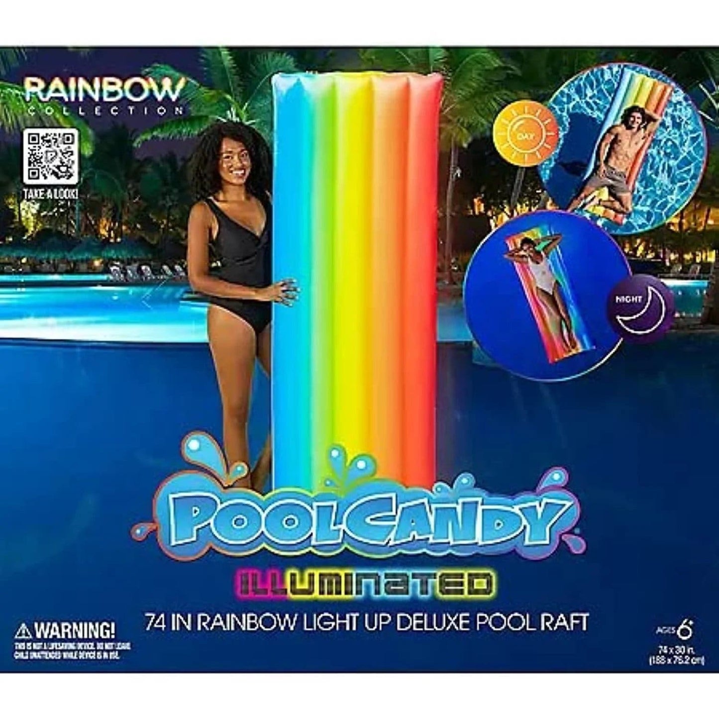 Pool Candy Illuminated 74" Rainbow Light Up Deluxe Pool Raft Float - Free Ship