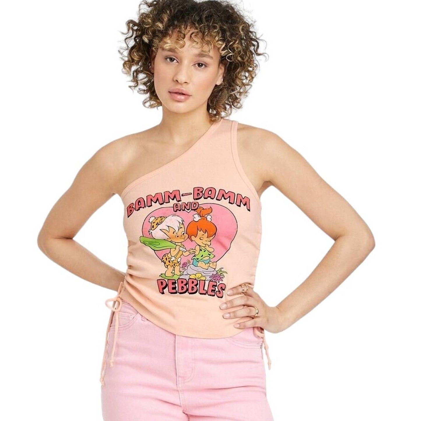 The Flintstones, Pink, Size LRG, One-Shoulder BAMM BAMM & PEBBLES Tank Top Shirt