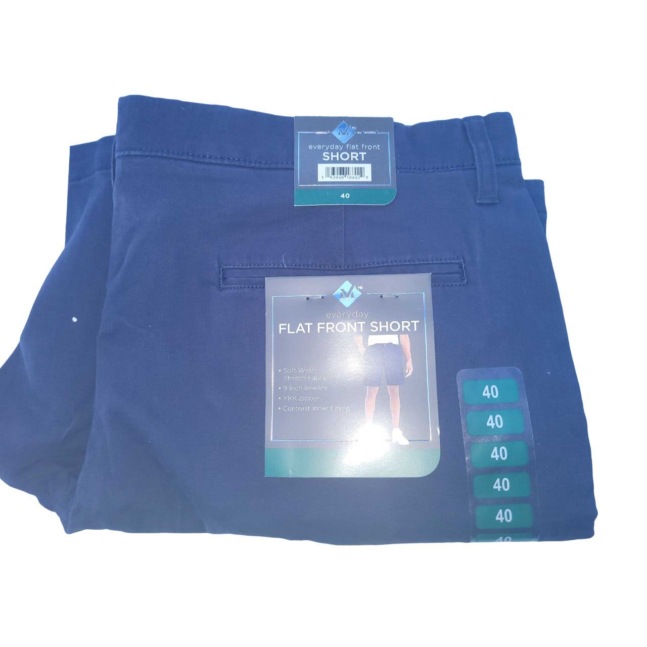Men's Stretch Flat Front Short, Blue, Size 40, 9" Inseam, 97% Cotton, 3% Spandex