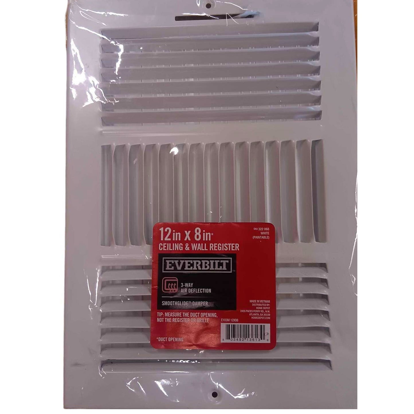 Everbilt 12 in. x 8 in. 3-Way Steel Wall/Ceiling Register in White, NIP