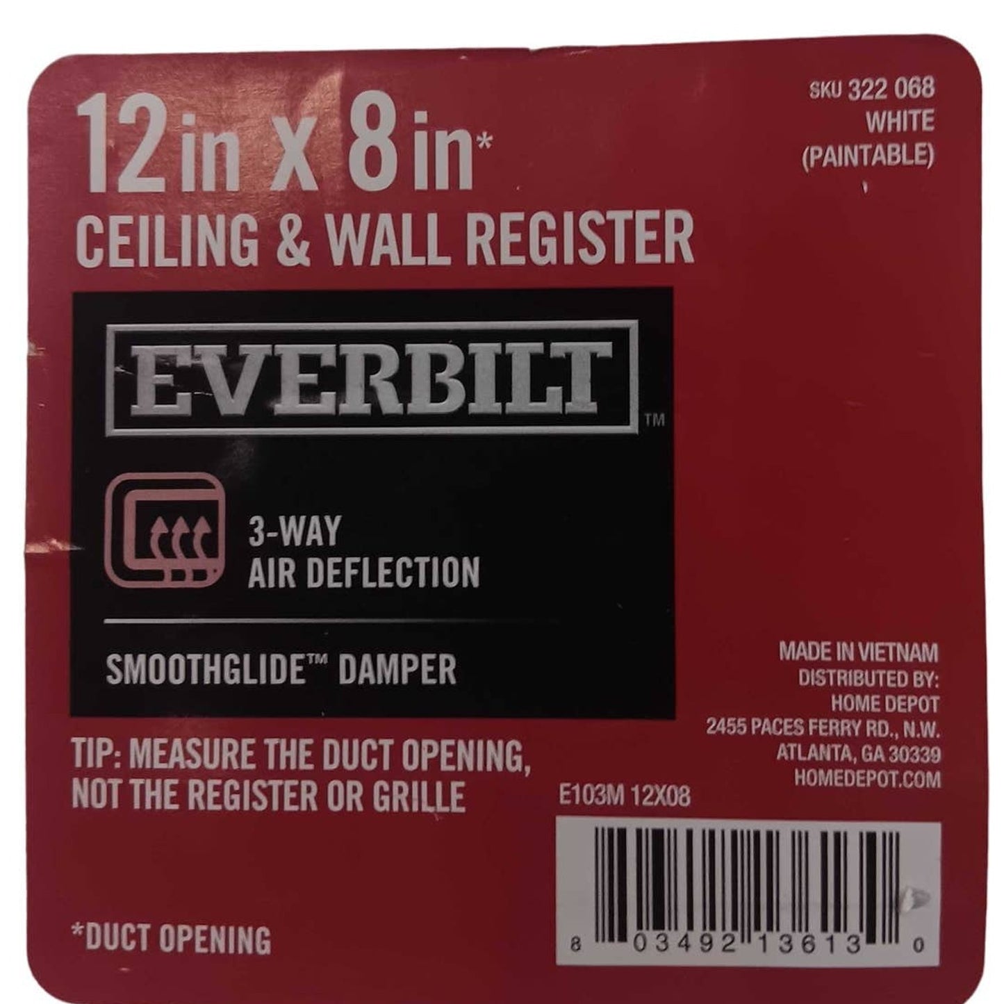 Everbilt 12 in. x 8 in. 3-Way Steel Wall/Ceiling Register in White, NIP