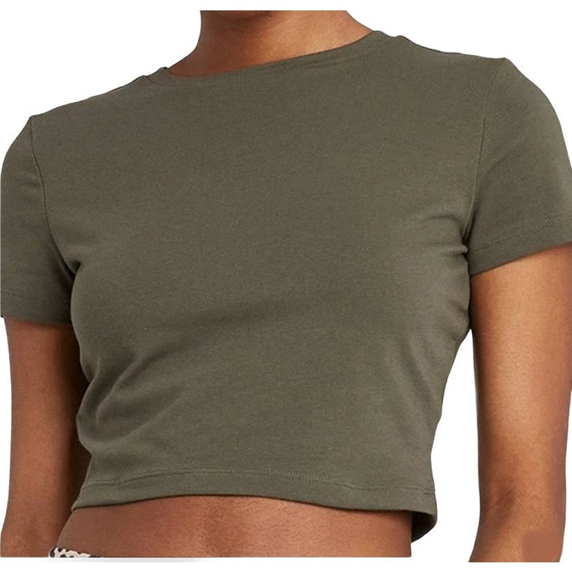 Women's Large Short Sleeve Slim Fit Cropped T-Shirt, Olive Green - Free Shipping
