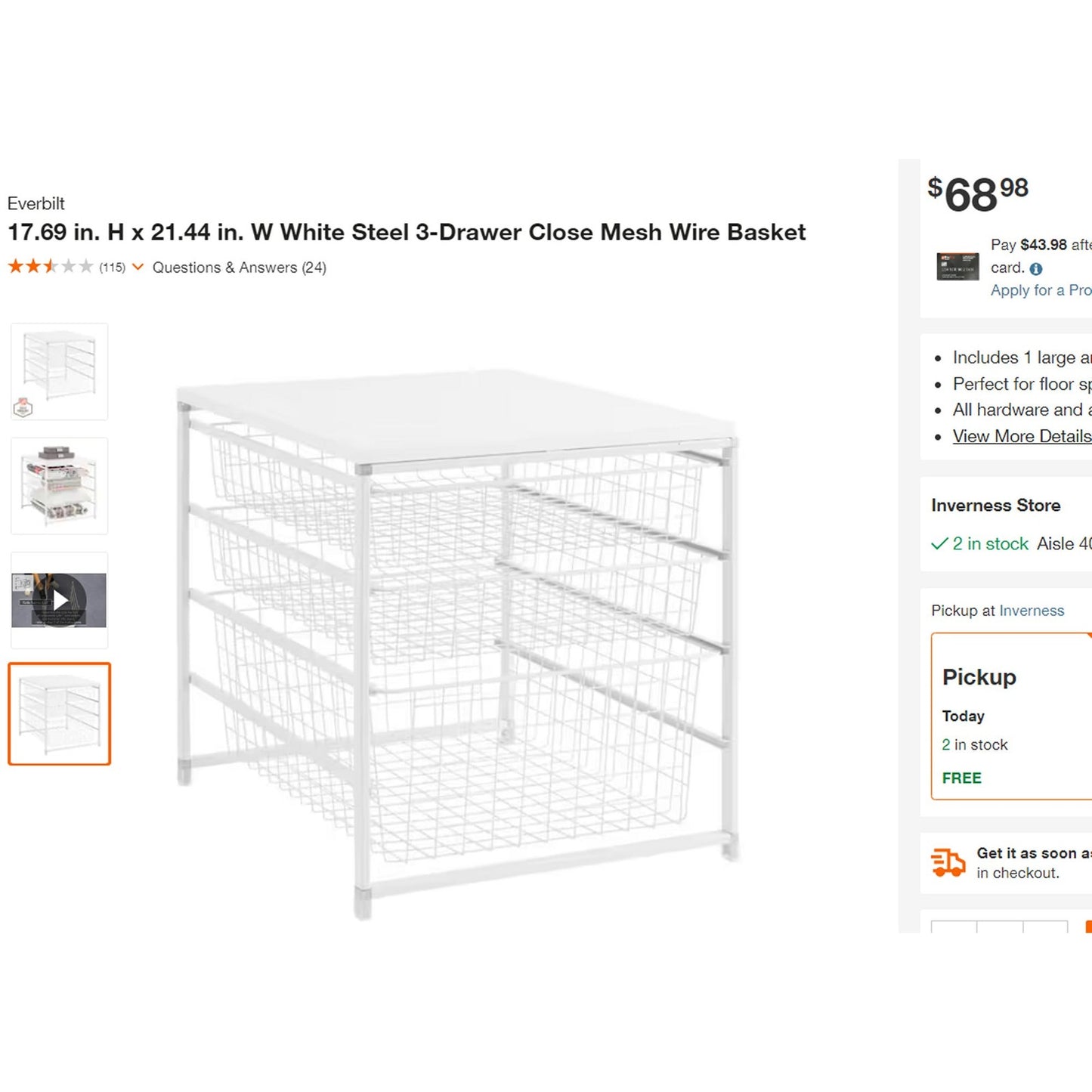 Everbilt White Steel 3-Drawer Close Mesh Wire Basket Organizer, Stackable