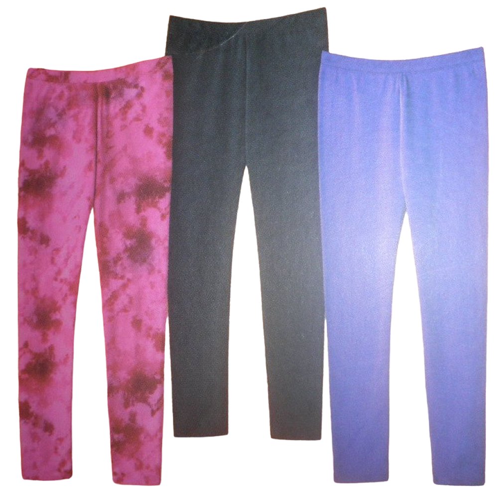 3-PK Size 14/16 Cotton Spandex Ankle Leggings, Pnk Tie Dye, Blk & Purple Sparkle
