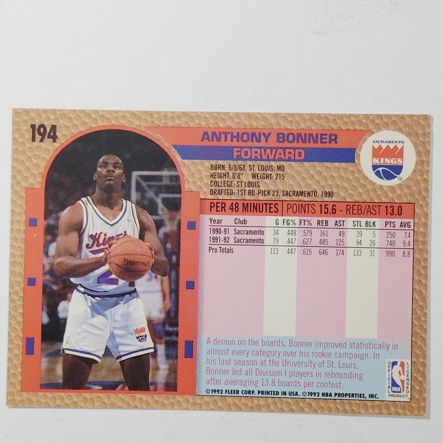 1992–93 Fleer Anthony Bonner #194 – Sacramento Kings – Forward – VG/EX