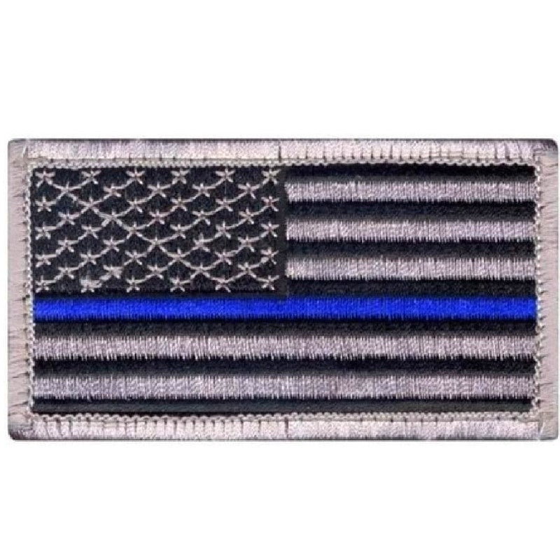 Thin Blue Line US Flag Patch Silver Border Law Enforcement Hook Back 3-3/8x1-7/8