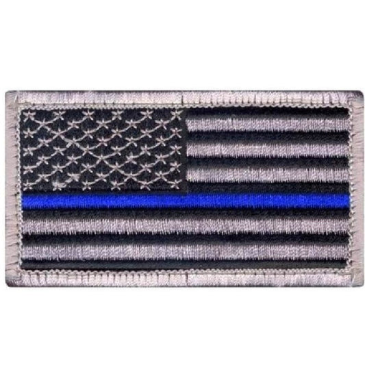 Thin Blue Line US Flag Patch Silver Border Law Enforcement Hook Back 3-3/8x1-7/8