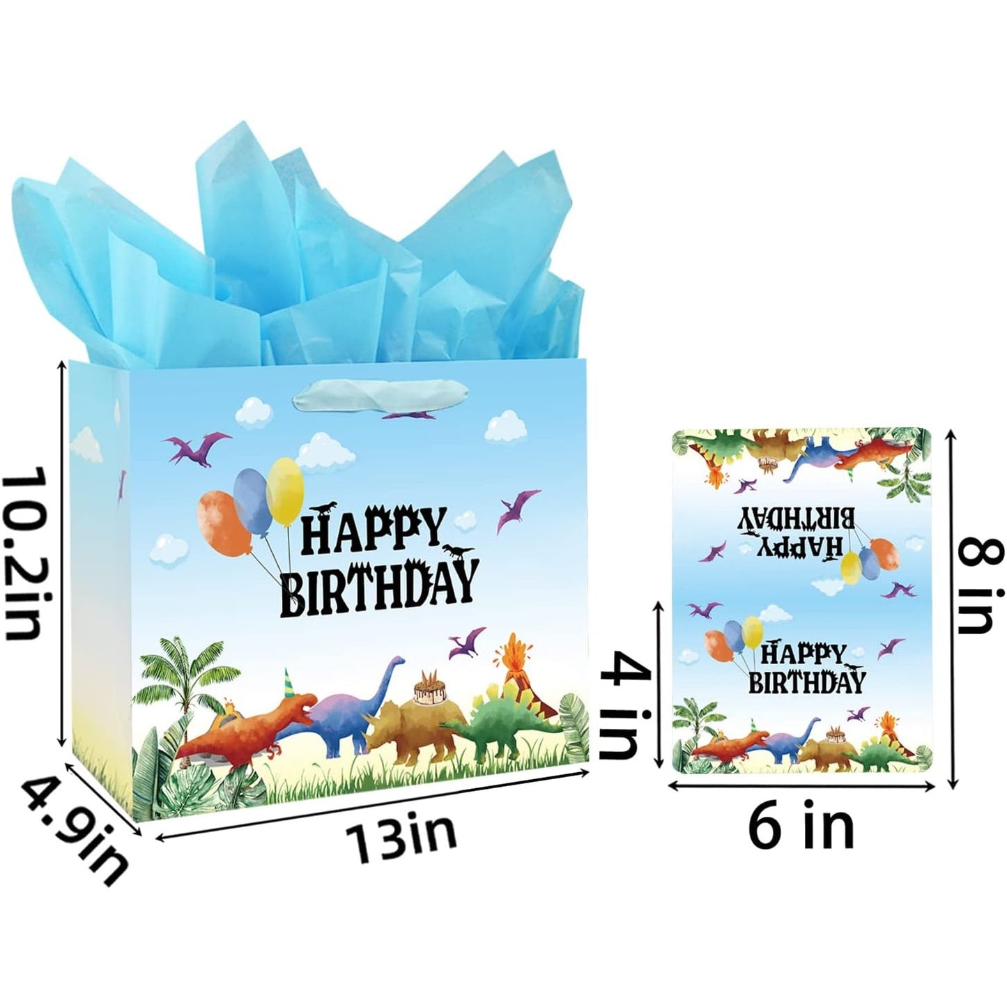 Large 13" Dinosaur Birthday Gift Bag w/ Card & Tissue – Watercolor Design