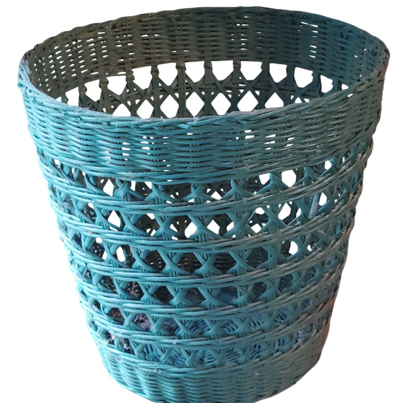 Vintage 1970s Teal Wicker Wastebasket- Open‑Loop Star‑Lattice Mid‑Century Design