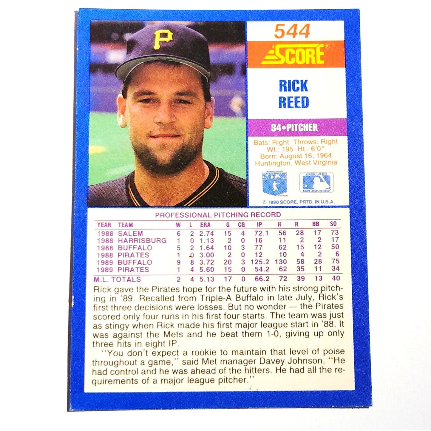 1990 Score Rick Reed #544 Pittsburgh Pirates Pitcher MLB Baseball EX