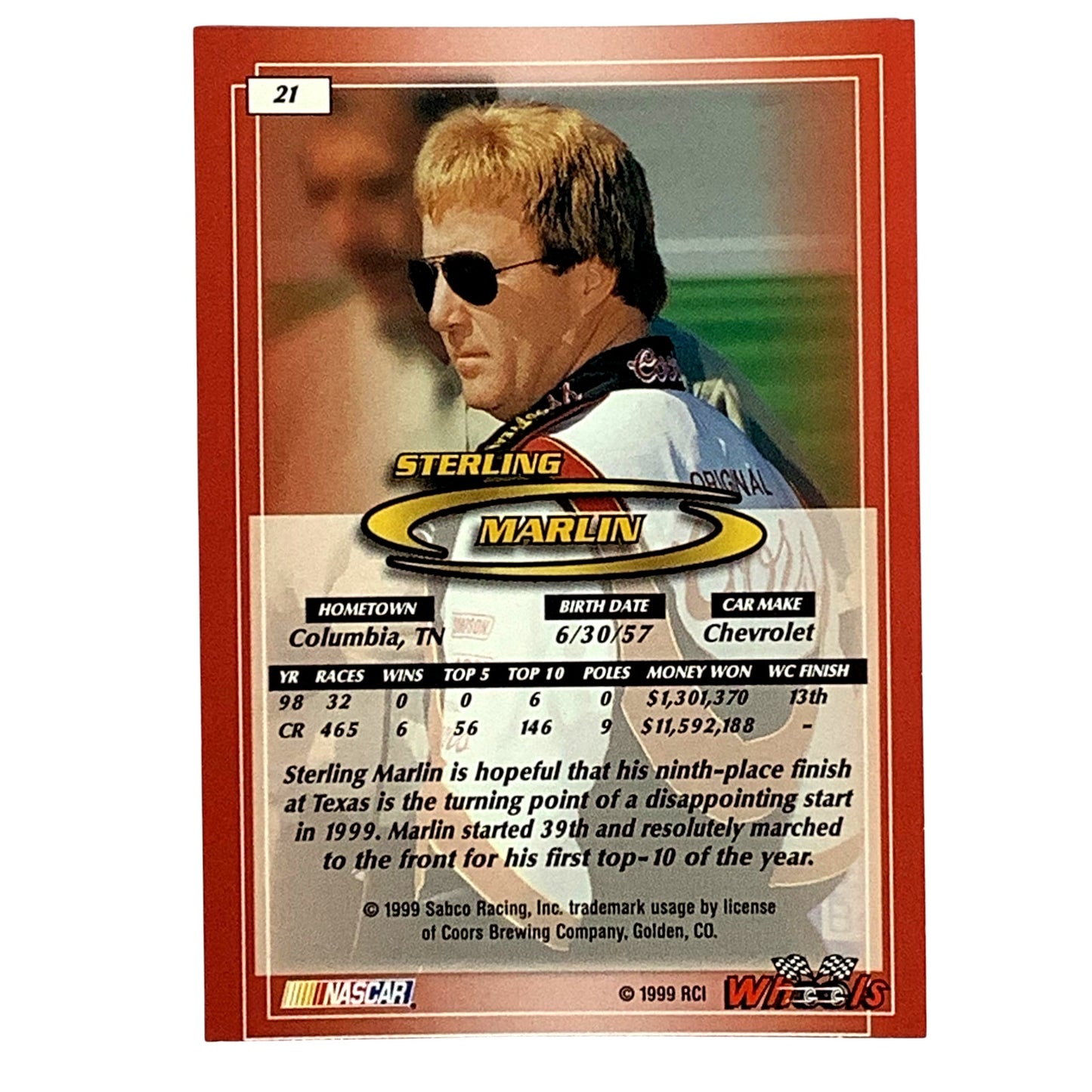 Sterling Marlin, Coors Light, Card 21, 1999 Wheels NASCAR Winston Cup, NM+