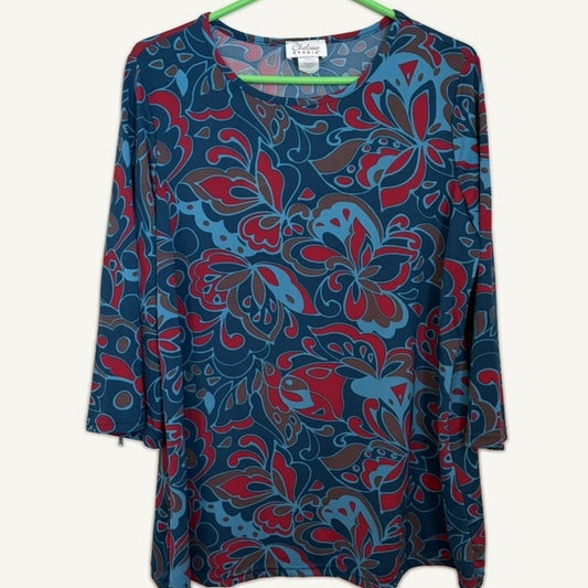 Chelsea Studio Teal & Red Floral Paisley 3/4 Sleeve Swing Hem Top M