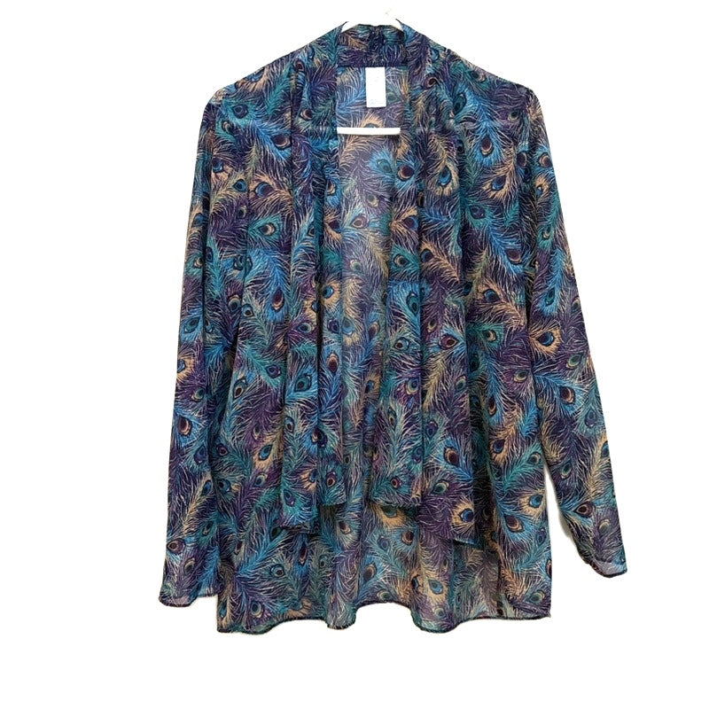 AVON Navy Velvet Dress & Peacock Feather Print Open Front Cover Up Set - L/XL