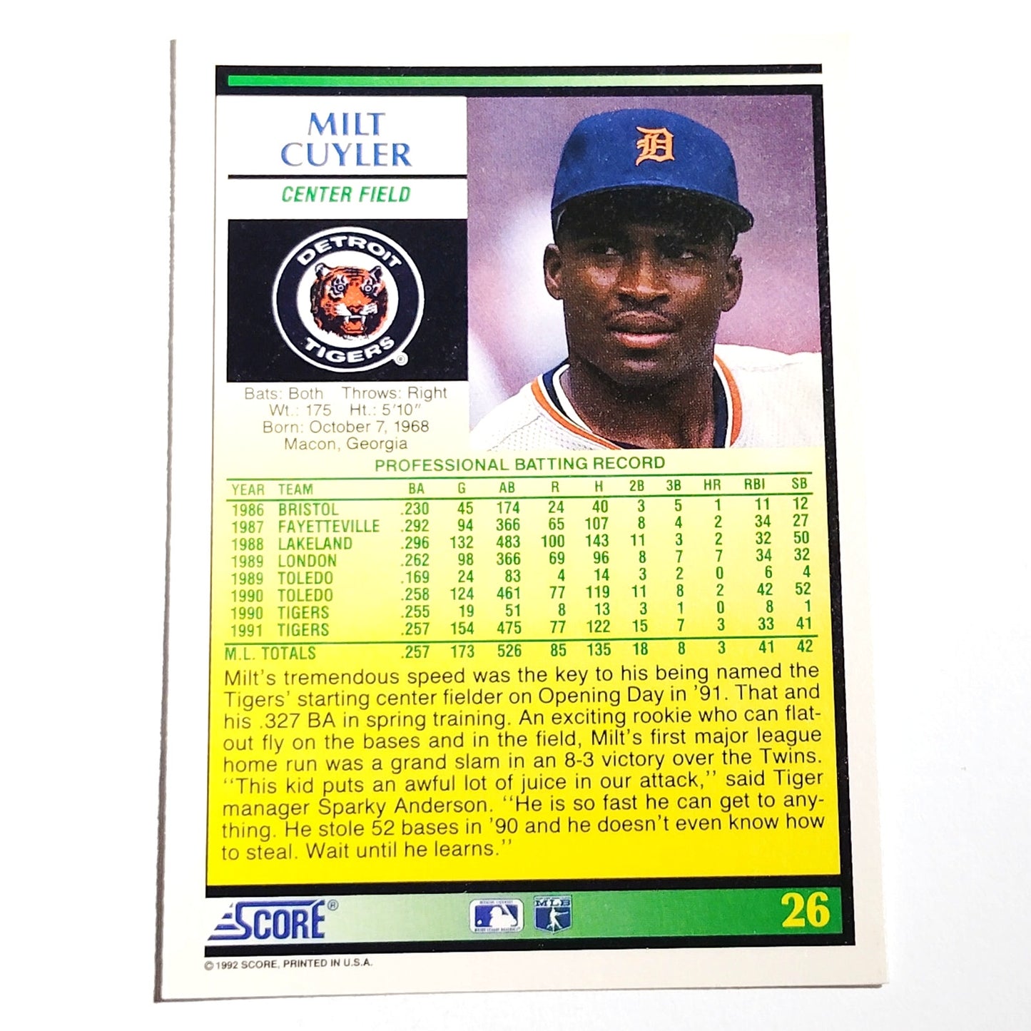 1992 Score Milt Cuyler #26 Detroit Tigers Outfielder MLB Baseball EX