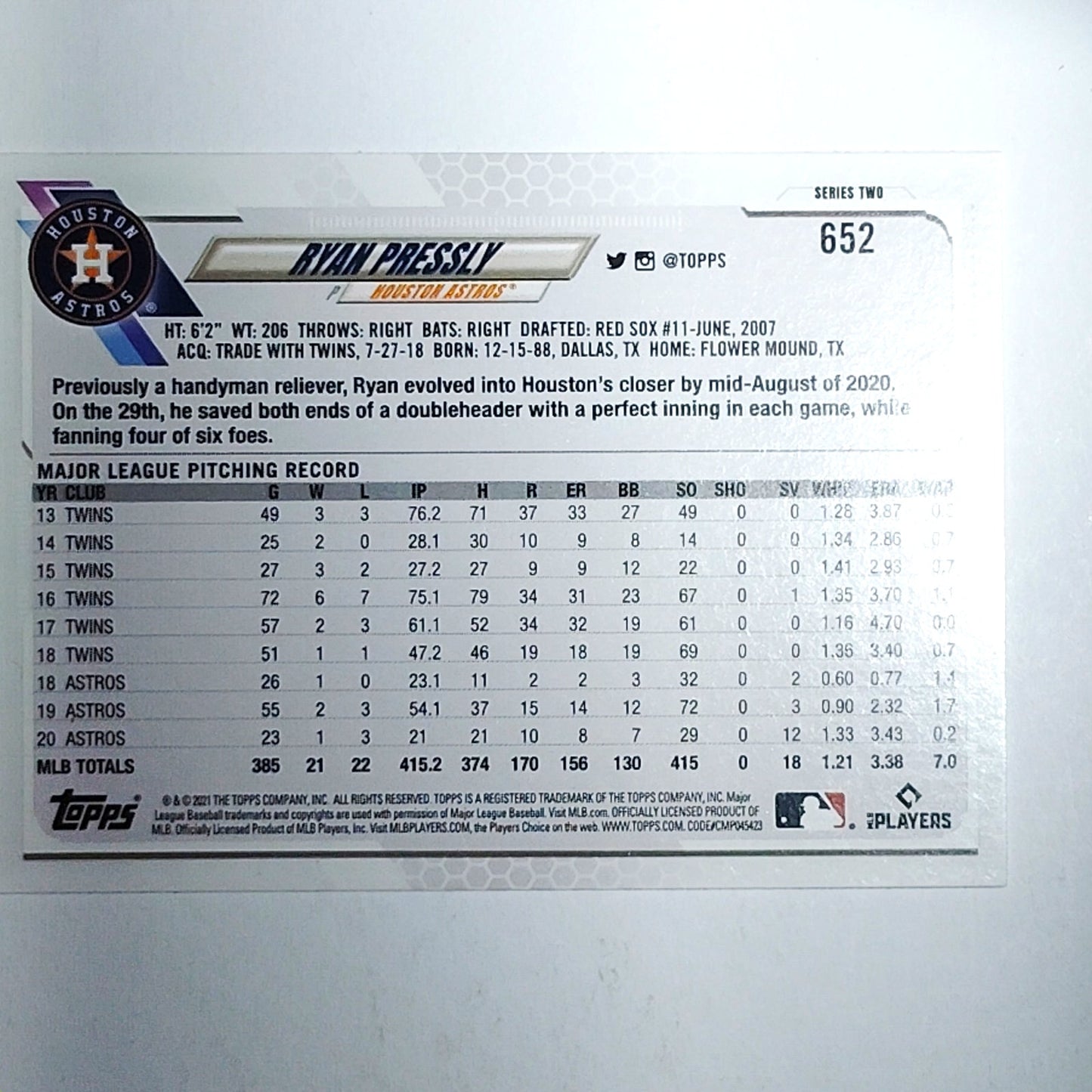2021 Topps Series 2 #652 Ryan Pressly Houston Astros Pitcher - VG/EX
