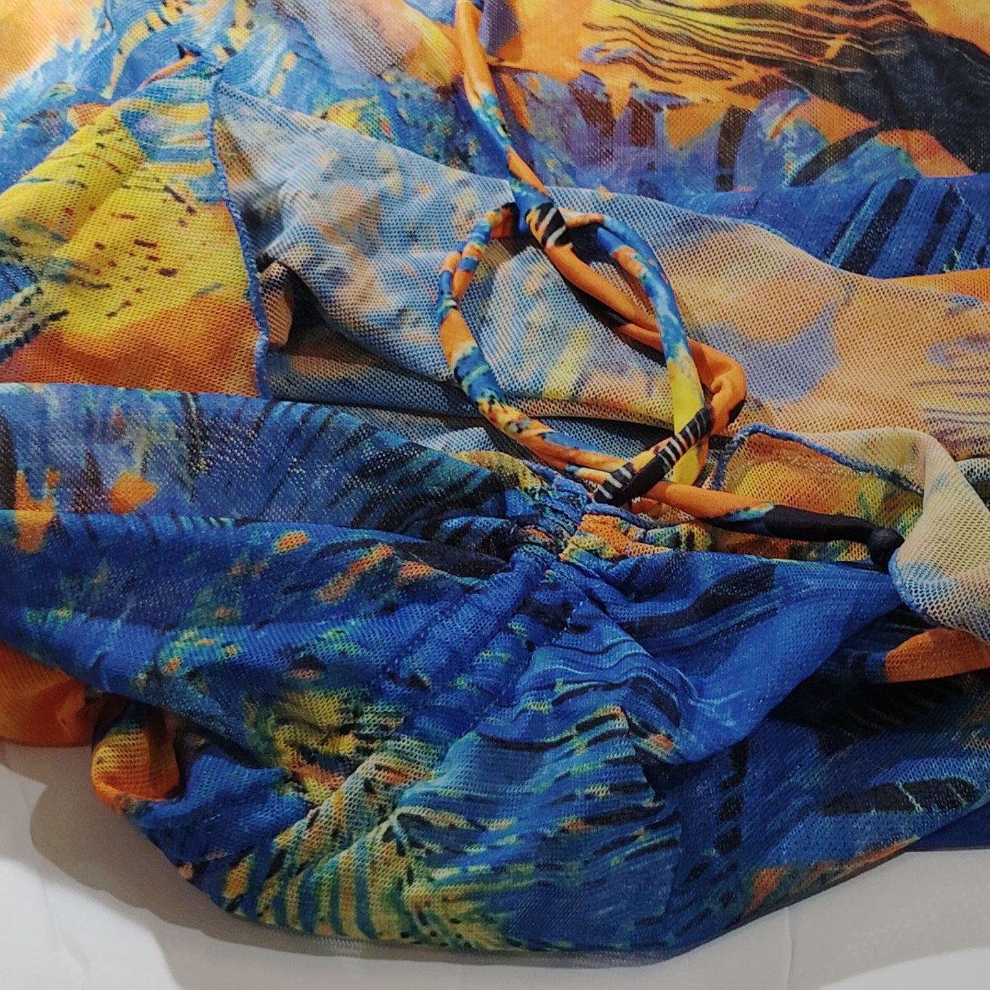 Sheer Abstract Print LS Beach Cover‑Up w/ Front Cinch – Blue/Orange – Large