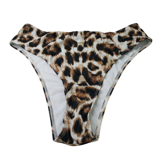 Women's XL Leopard Print High-Cut Bikini Swim Bottoms White Brown Cheeky
