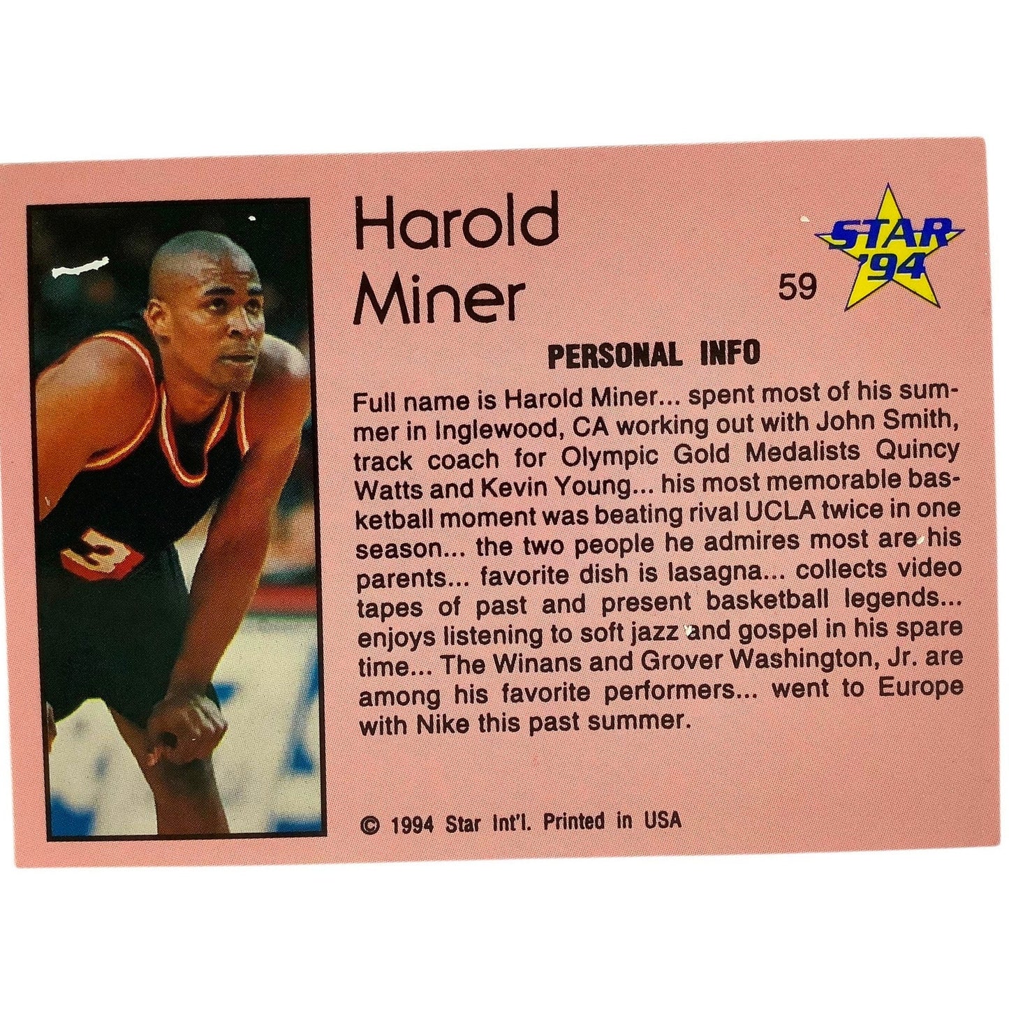 Harold Miner, Miami Heat, 1994 Star Int'l NBA Personal Data Card 59, EXC