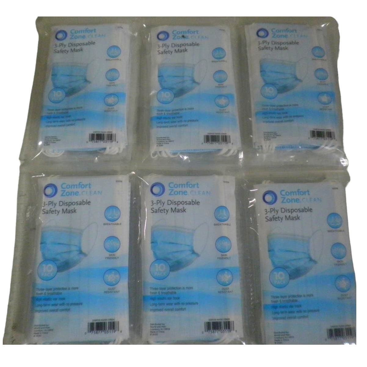 Comfort Zone Clean 60-PK Disposable Safety Mask (6 x 10-PKS) 3-Layer Protection