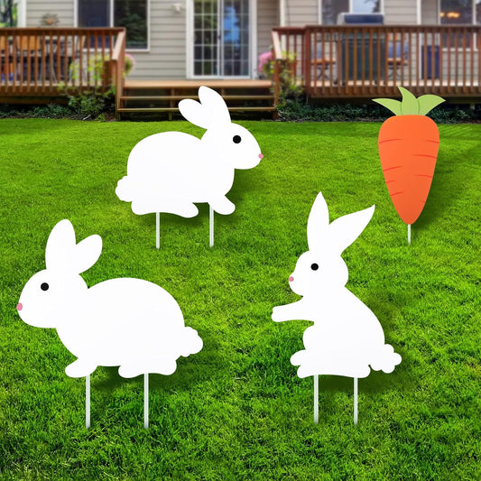 Yookeer Easter Yard Signs – 4-Pk Two-Sided Bunny & Carrot Lawn Décor, No Stakes