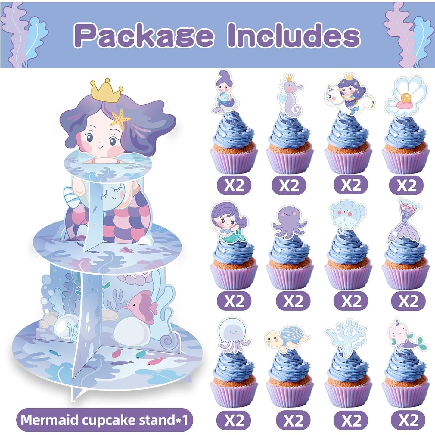 Mermaid 3-Tier Cupcake Stand with 24 Toppers – for Birthday or Baby Shower