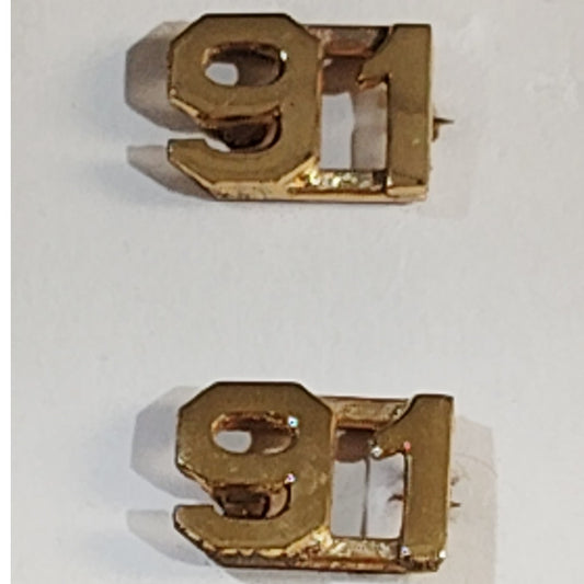 Early/Mid 1900s Brass C-Clasp "91" Collar Devices 3/8"H Hat / Lapel Pins Set