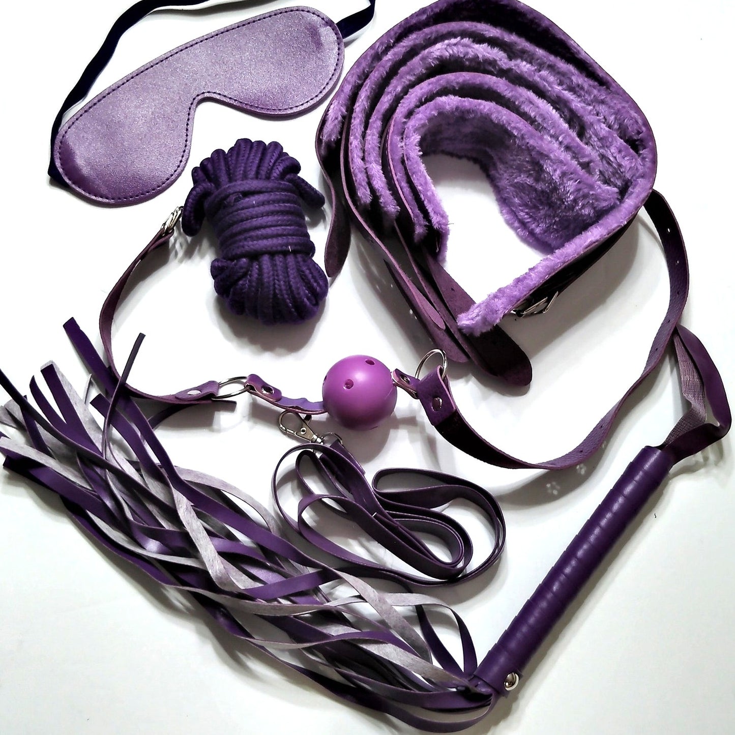 Purple Cosplay Accessory Set Hand Cuffs Leg Cuffs Mask Collar Leash Flogger Rope
