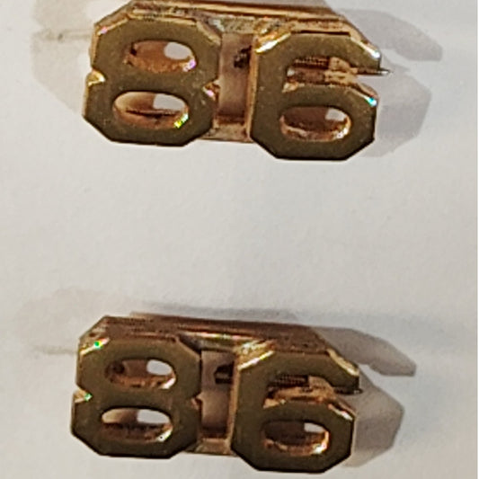 Early/Mid 1900s Brass C-Clasp "86" Collar Devices 3/8"H Hat / Lapel Pins Set