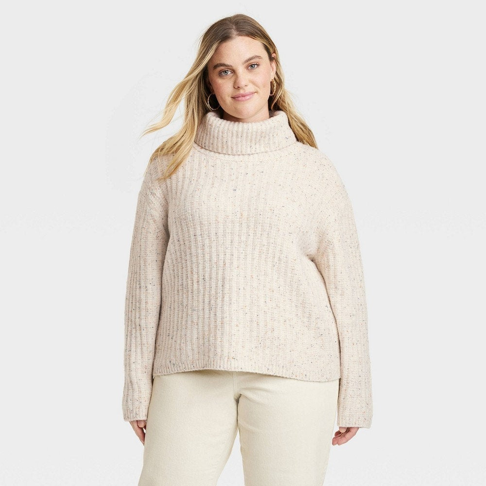 Mock Turtleneck Cashmere‑Like Pullover Sweater – Cream w/ Speckles – Women’s XXL