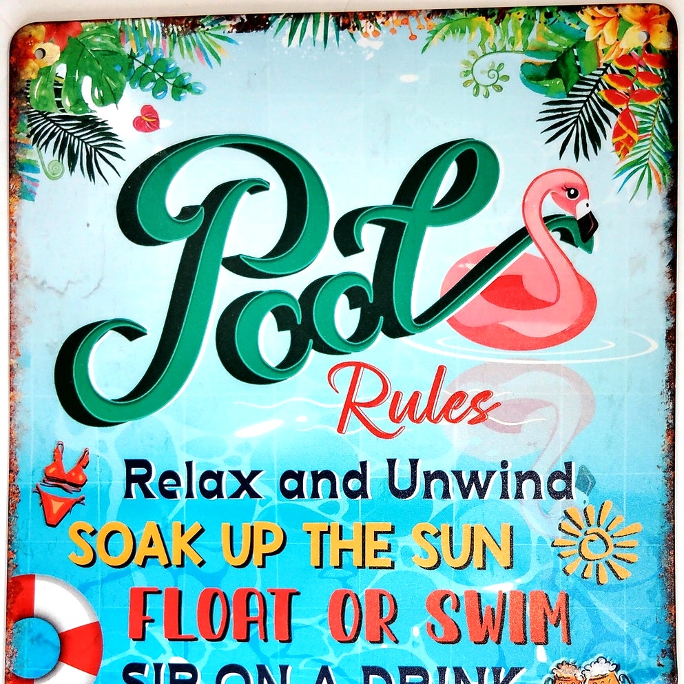 Pool Rules Tin Sign 12×8 Tropical Flamingo Summer Metal Wall Art Decor