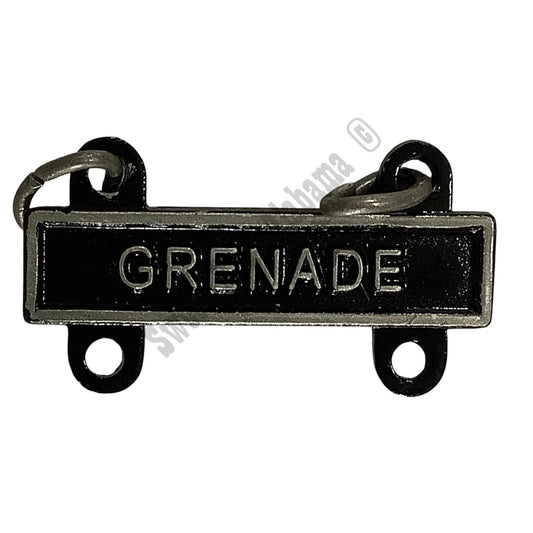 Military Qualification Bar, Grenade, Silver Text, Black Background, 1/2"H x 1"W