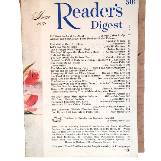Reader's Digest June 1970 VTG Magazine - Floral Cover, World Cup Soccer Article