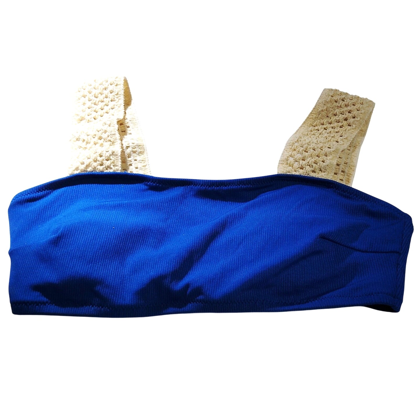 Ribbed Bandeau Bikini Top w/ Crochet Straps, Cobalt Blue, SM (29-30.5 Bust) NWOT